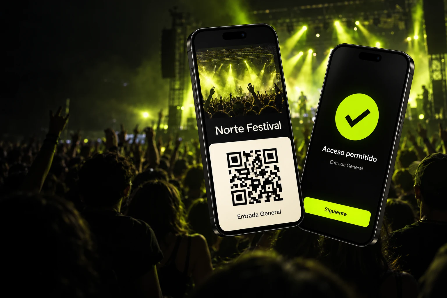 Ilustración de una entrada de Norte Festival junto a una confirmación de acceso en el scanner de Entria