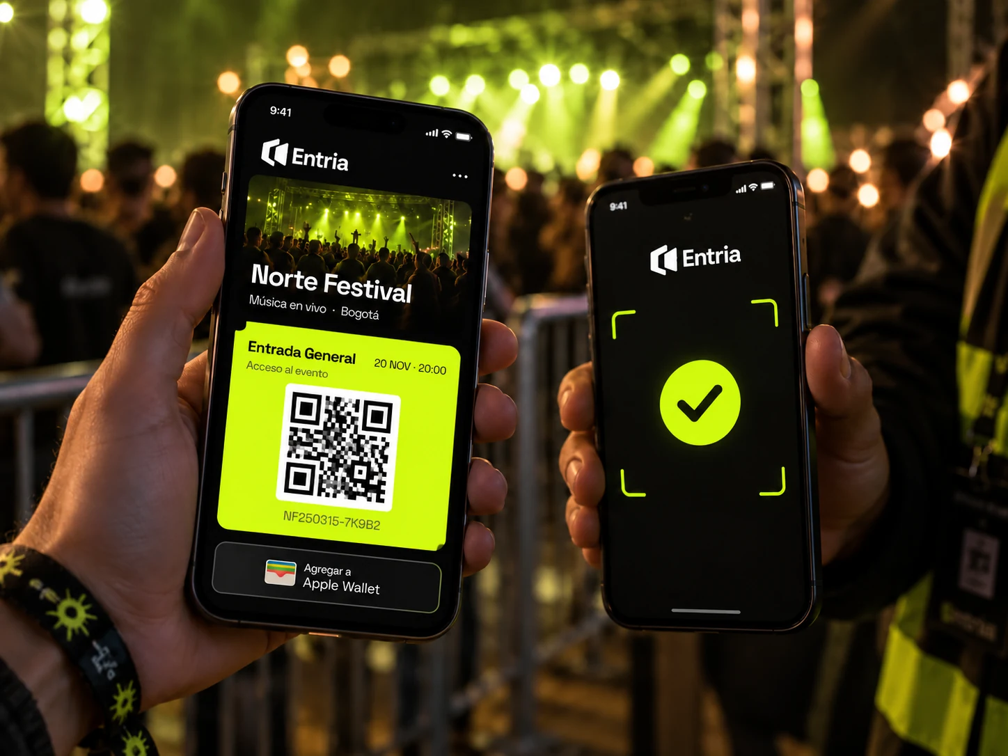 Ilustración de un asistente y personal de acceso sosteniendo la entrada digital y el scanner en un festival
